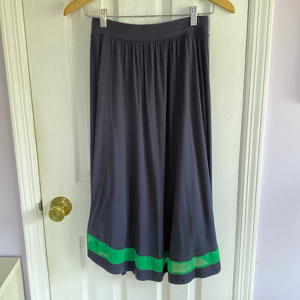 Green Envelope Navy Midi Skirt with Green Stripe